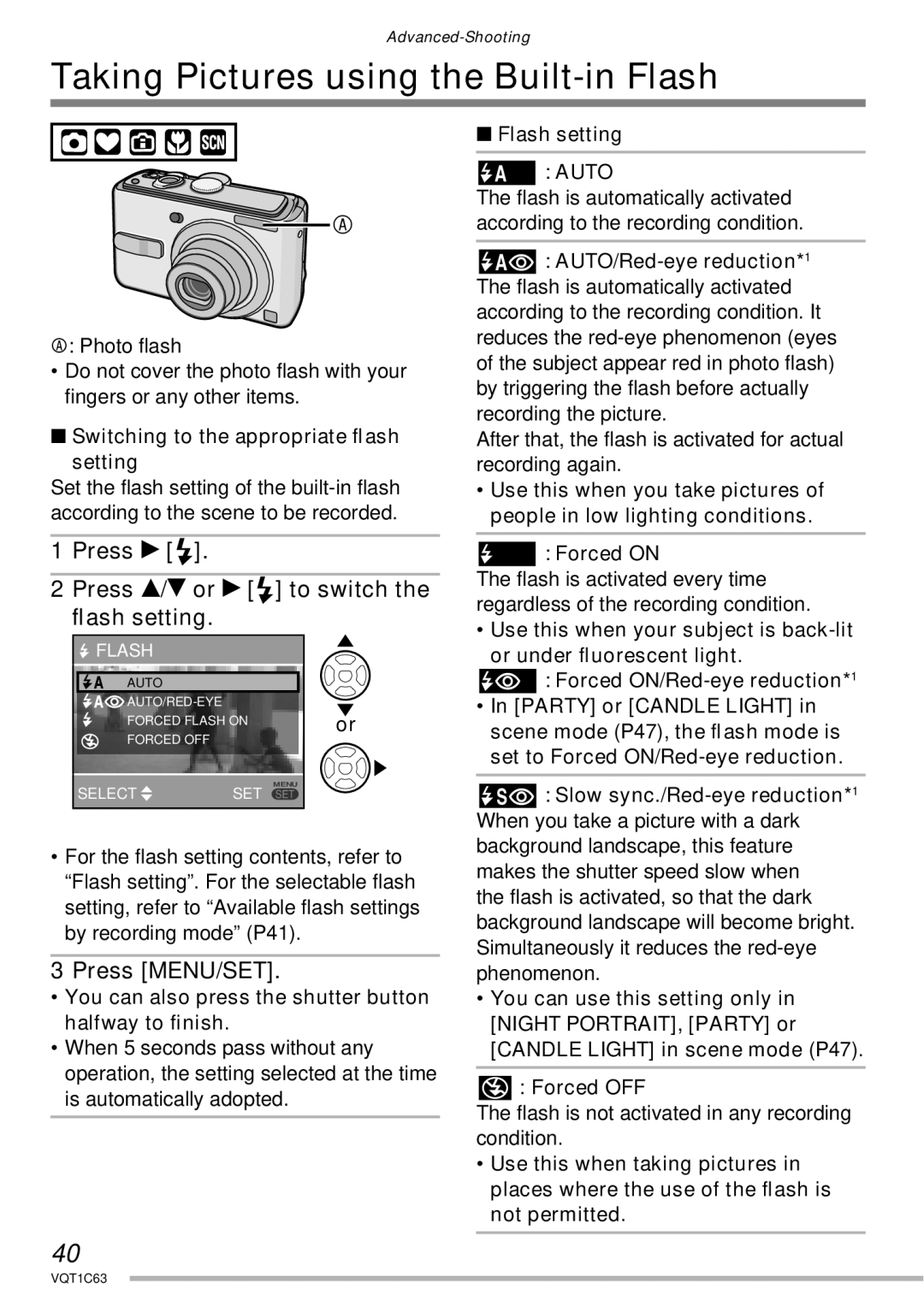 Panasonic DMC-LS60, DMC-LS75 Taking Pictures using the Built-in Flash, Press q Press e/r or q to switch the ﬂash setting 