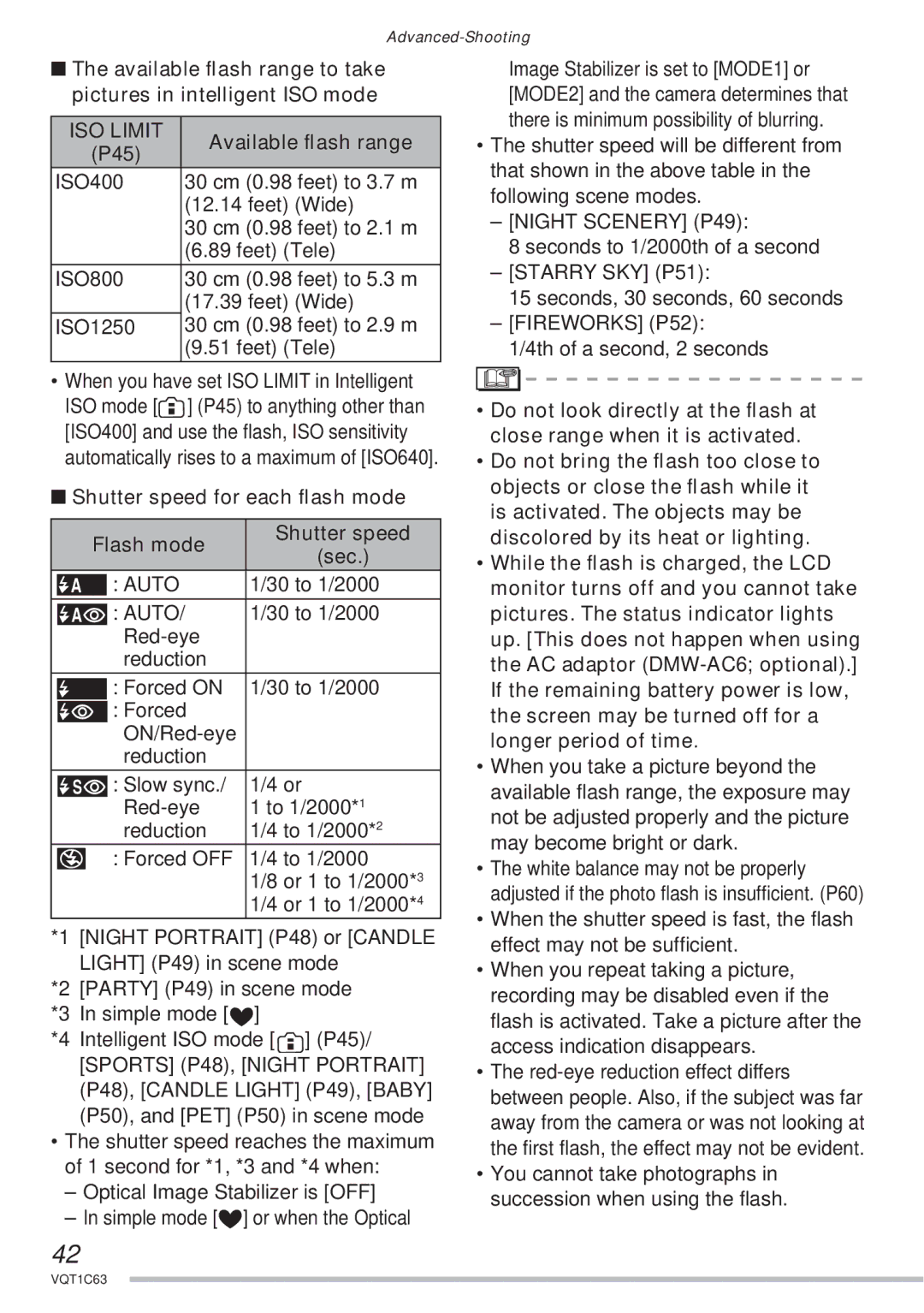 Panasonic DMC-LS75, DMC-LS60, DMC-LS70 ISO Limit, Shutter speed for each ﬂash mode Flash mode Sec, Night Scenery P49 