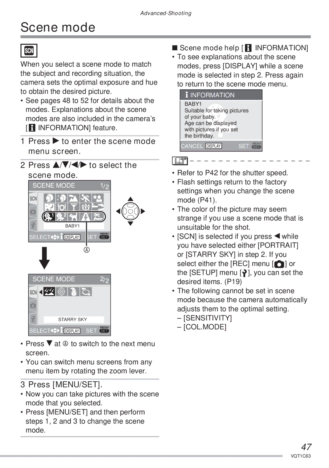 Panasonic DMC-LS70 Scene mode, Press q to enter the scene mode menu screen, Press e/r/w/q to select the scene mode 