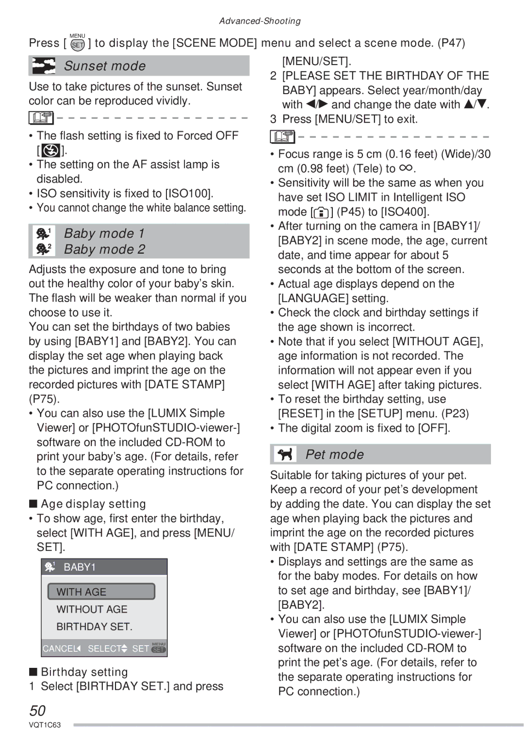 Panasonic DMC-LS70, DMC-LS75, DMC-LS60 Age display setting, Birthday setting, Select Birthday SET. and press, Menu/Set 