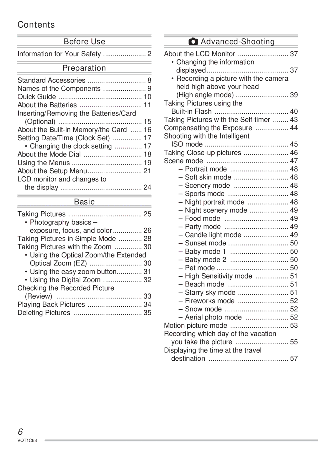 Panasonic DMC-LS75, DMC-LS60, DMC-LS70 operating instructions Contents 