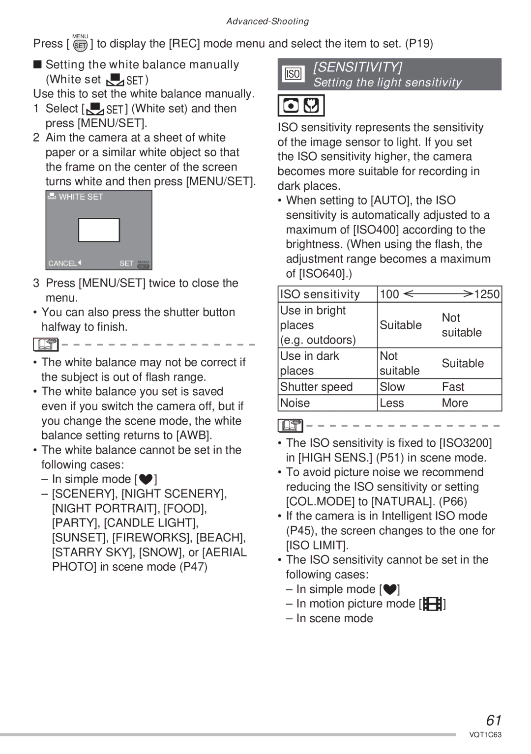 Panasonic DMC-LS60, DMC-LS75 Sensitivity, Setting the white balance manually White set, Setting the light sensitivity 