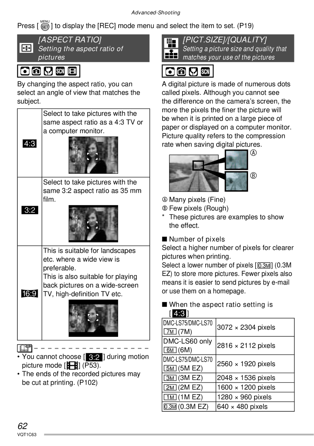 Panasonic DMC-LS70, DMC-LS75 Aspect Ratio, Pict.Size/Quality, Setting the aspect ratio of pictures, Number of pixels 