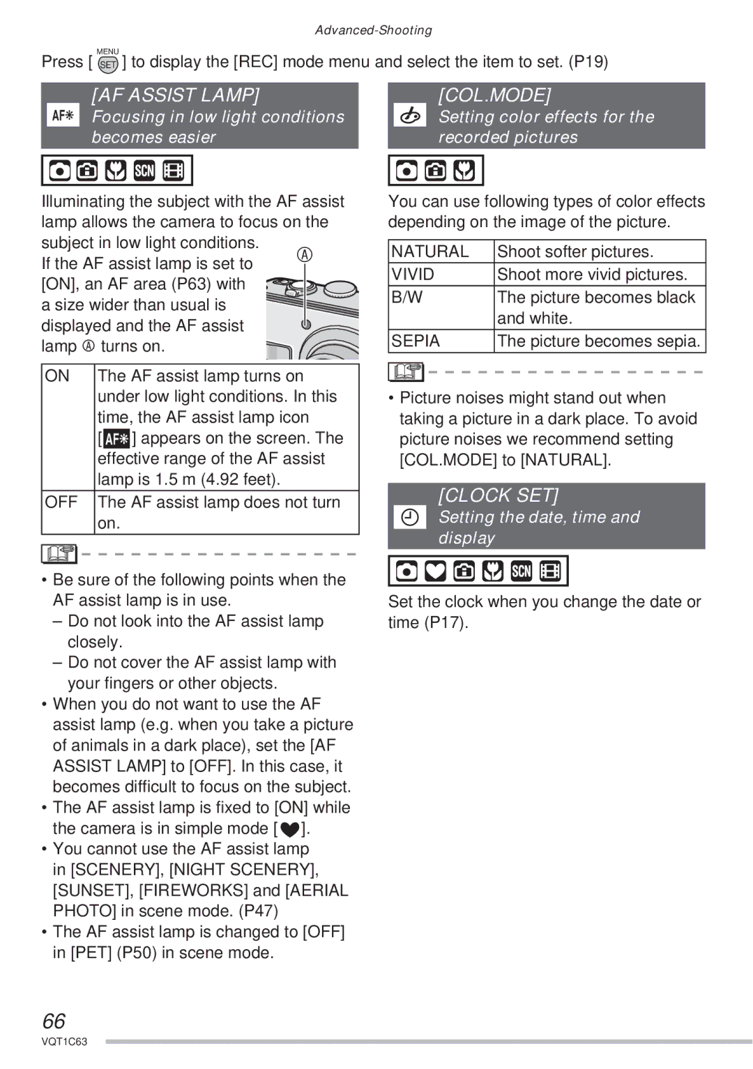 Panasonic DMC-LS75, DMC-LS60, DMC-LS70 operating instructions AF Assist Lamp, Col.Mode, Clock SET 