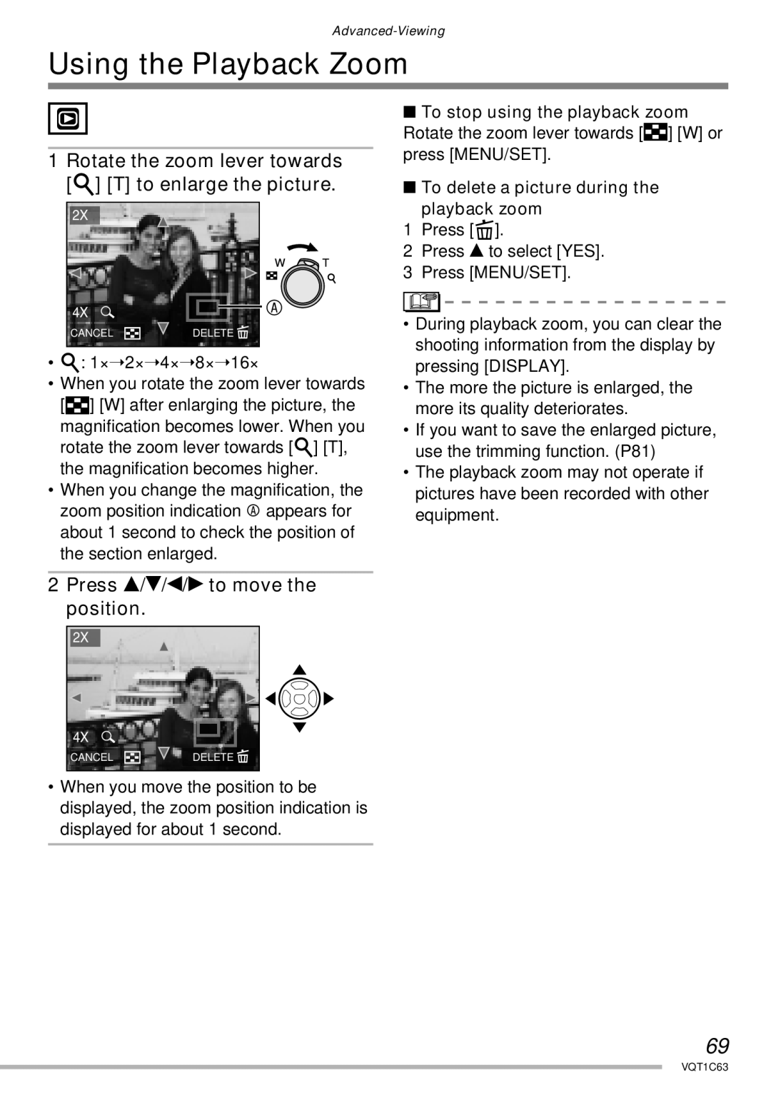 Panasonic DMC-LS75, DMC-LS60, DMC-LS70 Using the Playback Zoom, Rotate the zoom lever towards 3 T to enlarge the picture 