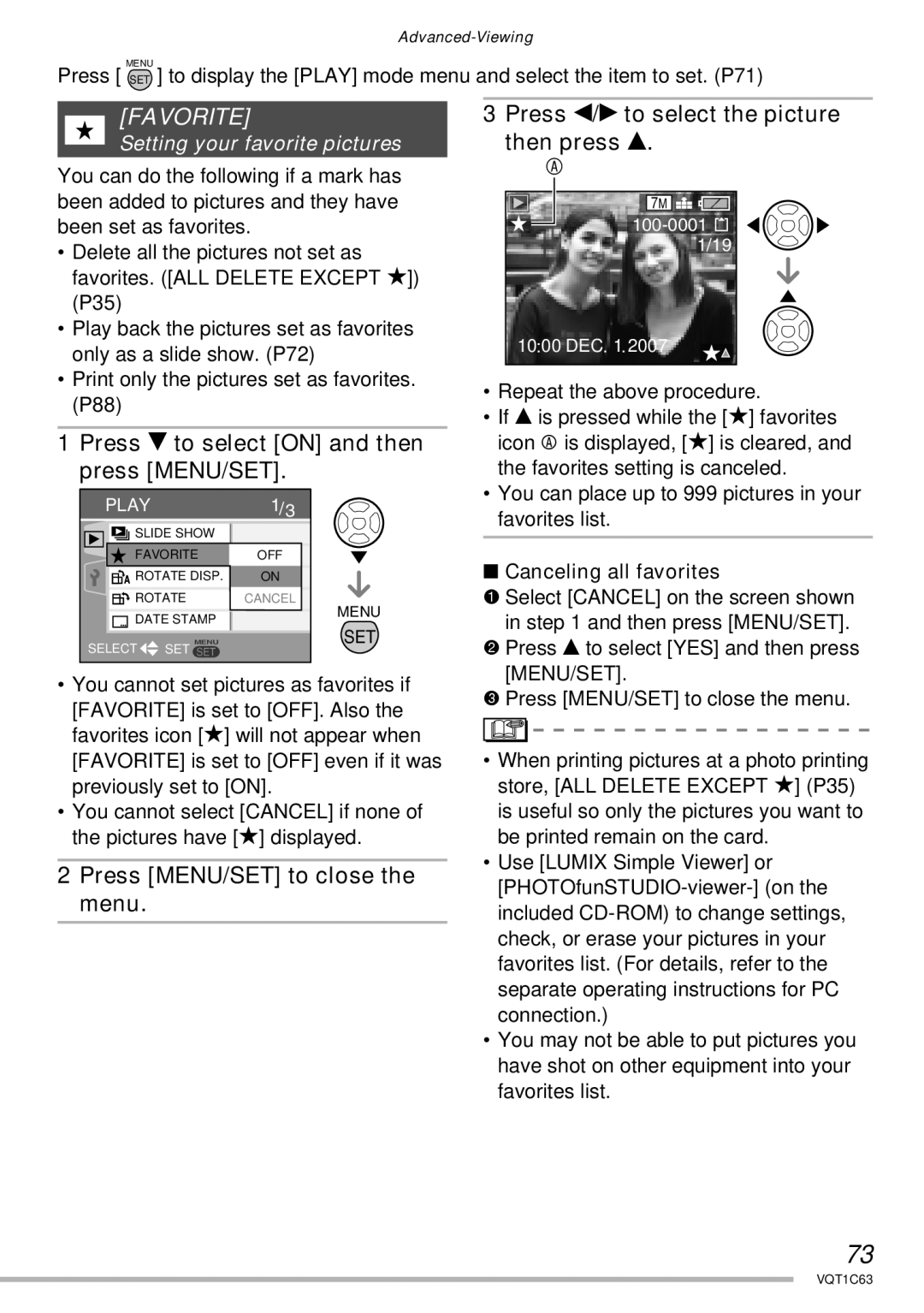 Panasonic DMC-LS60, DMC-LS75 Favorite, Press r to select on and then press MENU/SET, Setting your favorite pictures 