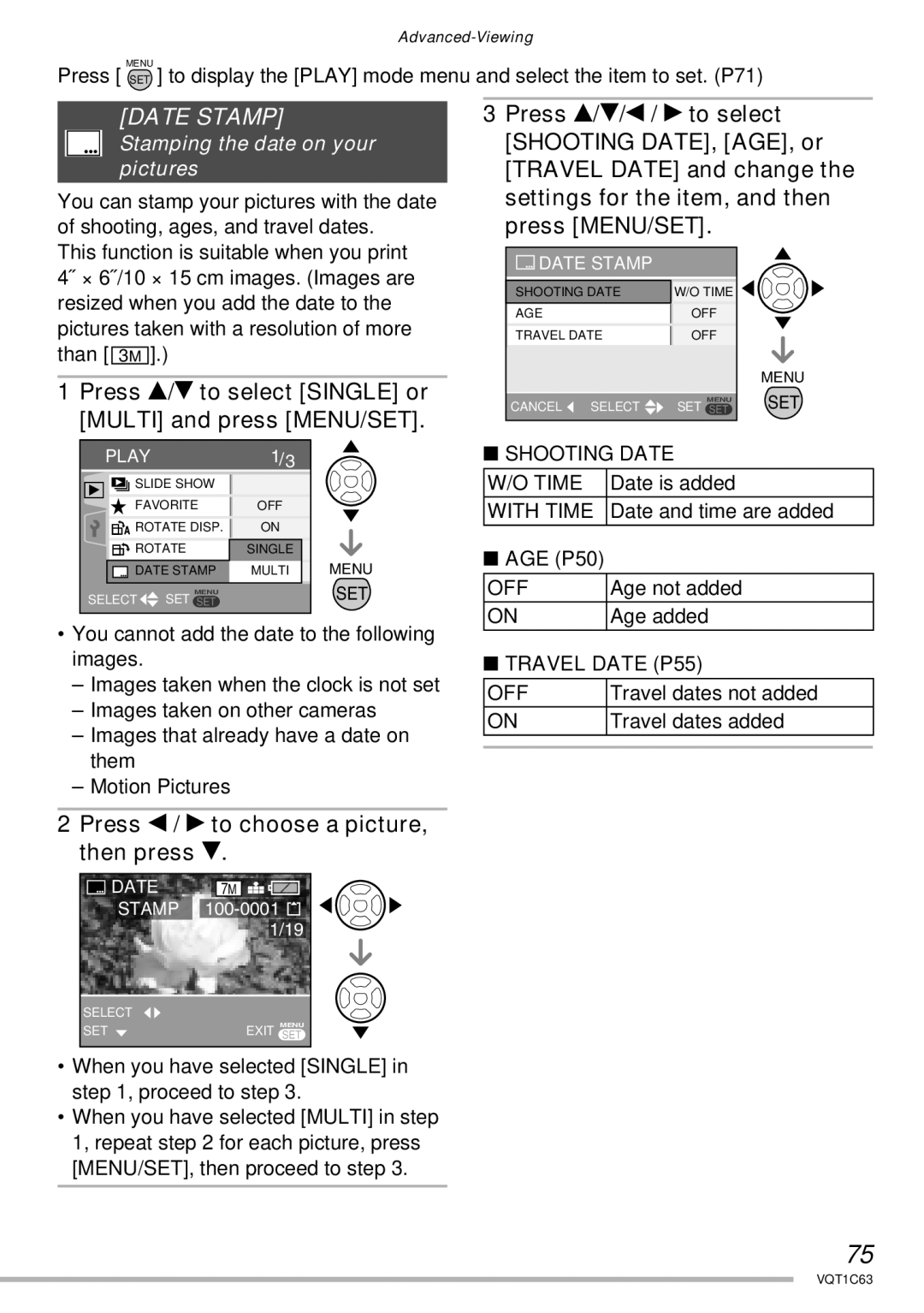 Panasonic DMC-LS75 Date Stamp, Press e/r to select Single or Multi and press MENU/SET, Stamping the date on your pictures 