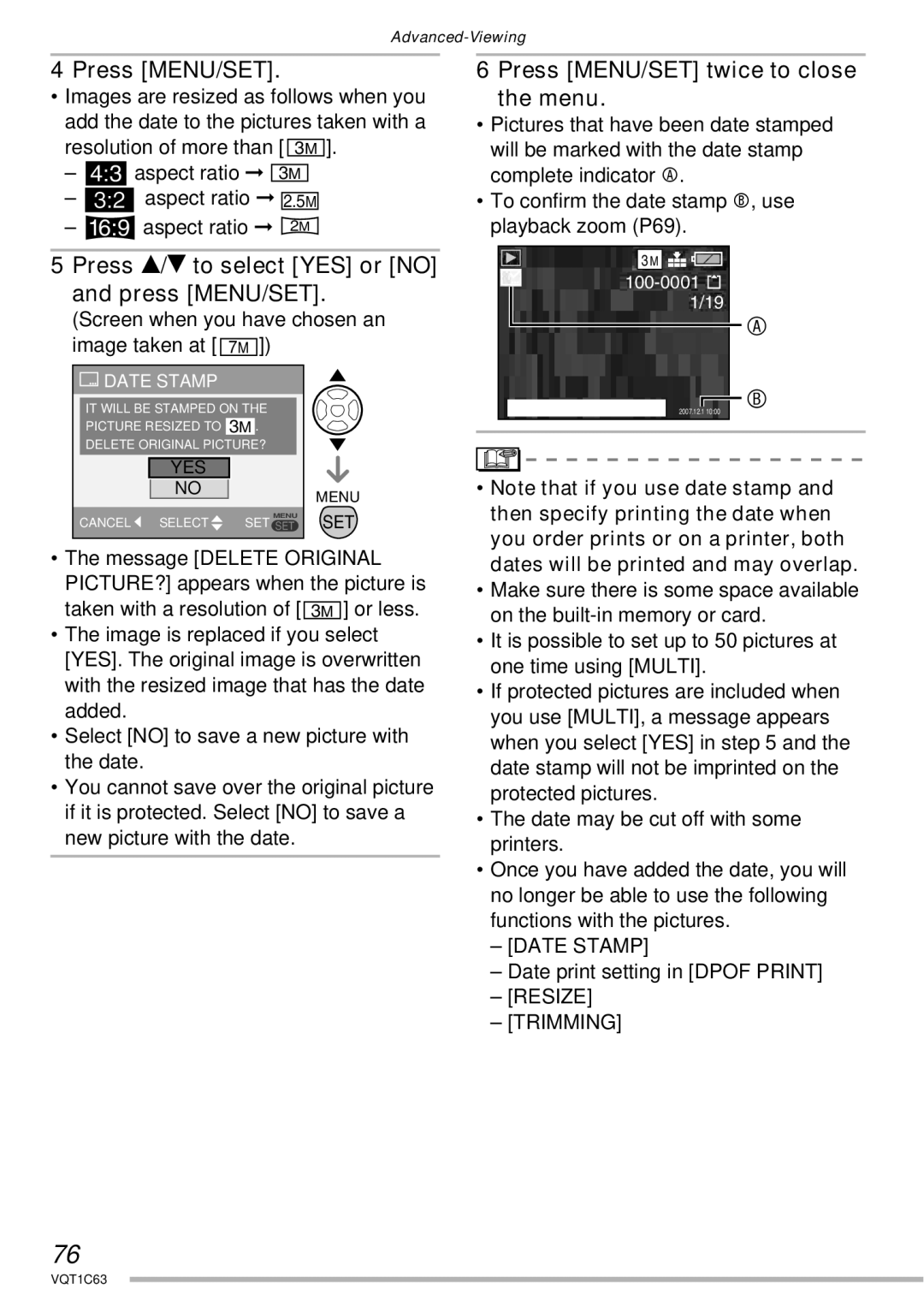 Panasonic DMC-LS60 Press e/r to select YES or no and press MENU/SET, Screen when you have chosen an image taken at 7M 