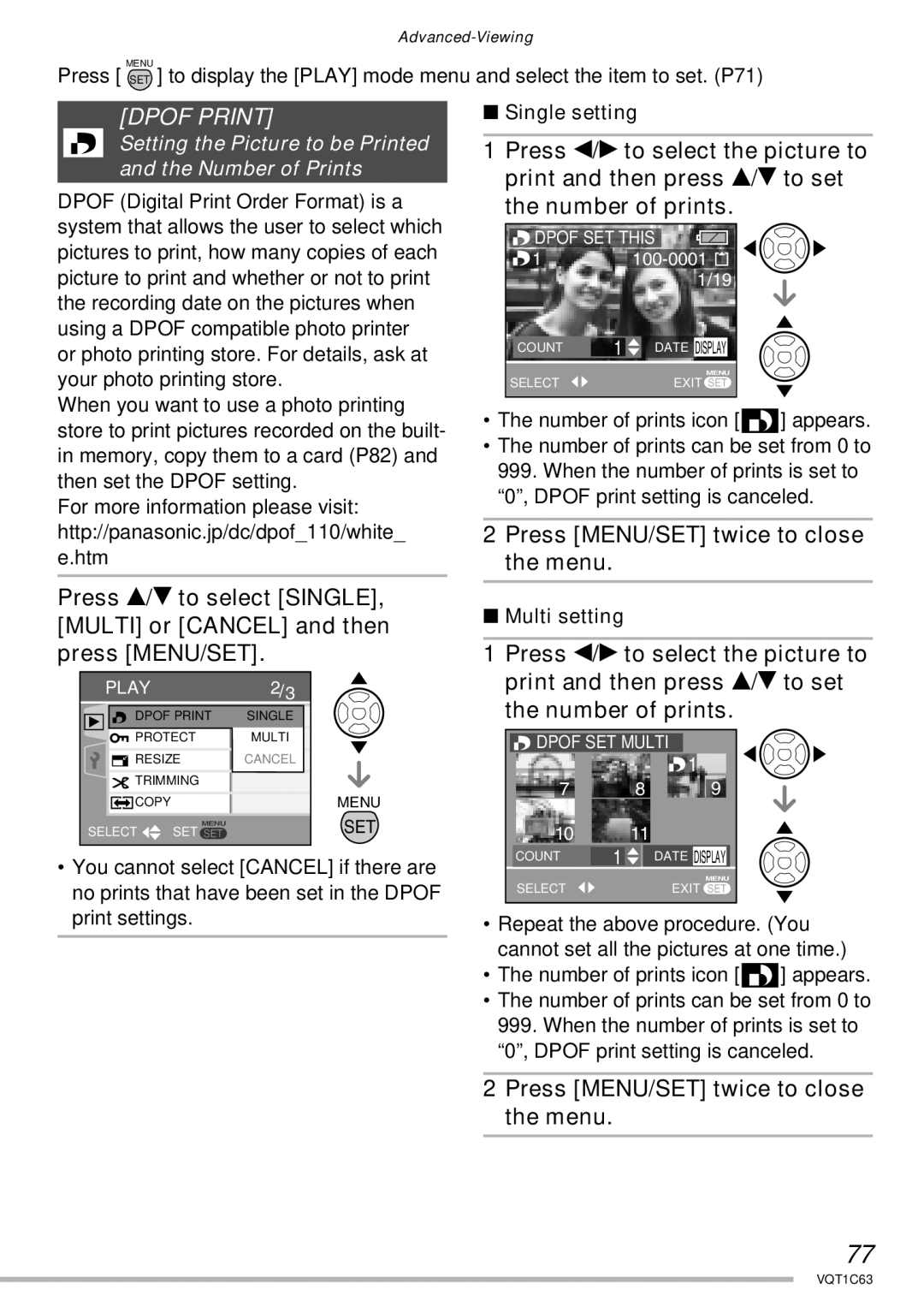 Panasonic DMC-LS70, DMC-LS75, DMC-LS60 operating instructions Dpof Print, Single setting, Multi setting 