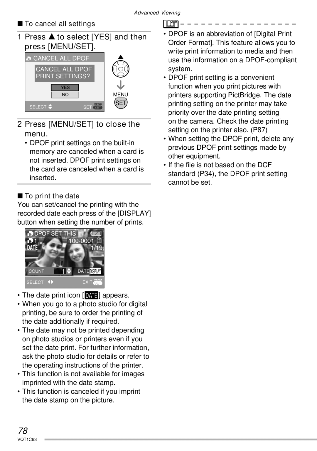 Panasonic DMC-LS75, DMC-LS60, DMC-LS70 operating instructions To cancel all settings, To print the date 