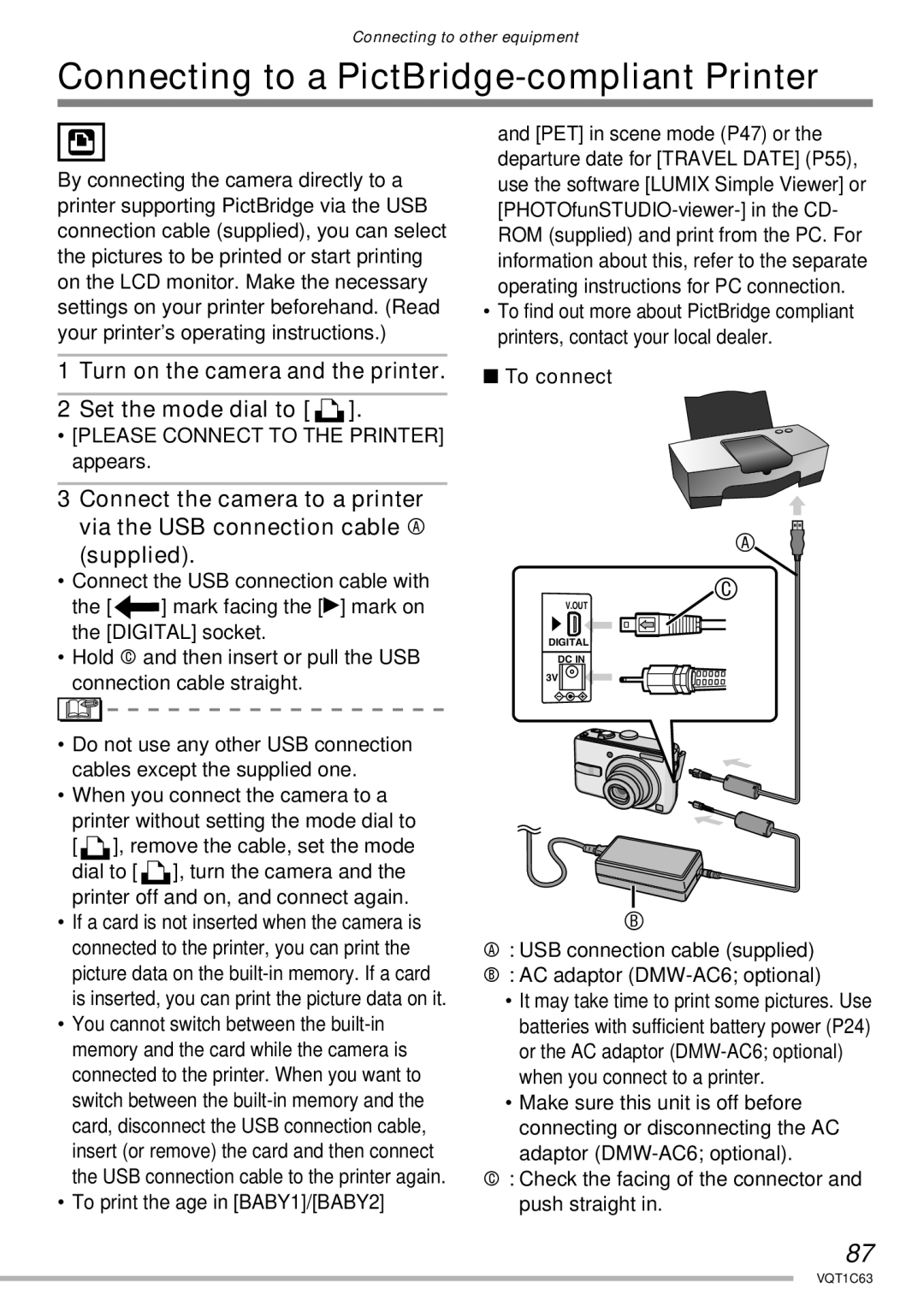 Panasonic DMC-LS75 Connecting to a PictBridge-compliant Printer, Turn on the camera and the printer Set the mode dial to 