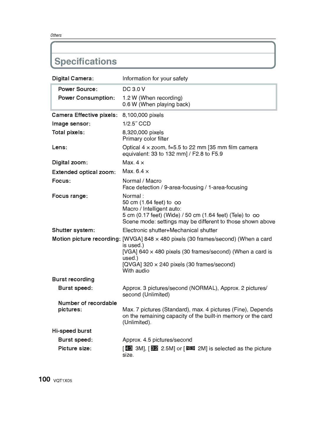 Panasonic DMC-LS85 operating instructions Speciﬁcations 