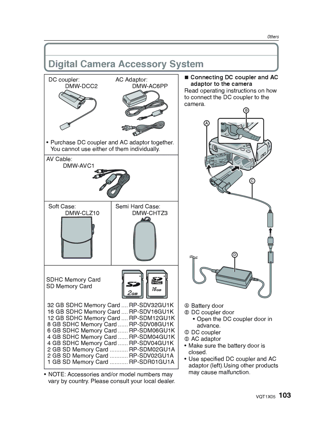 Panasonic DMC-LS85 Digital Camera Accessory System, „ Connecting DC coupler and AC adaptor to the camera 