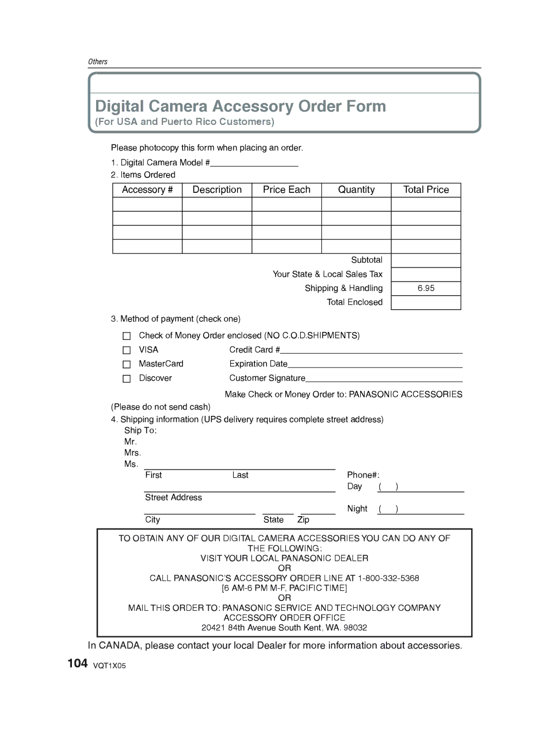 Panasonic DMC-LS85 operating instructions Digital Camera Accessory Order Form, For USA and Puerto Rico Customers 