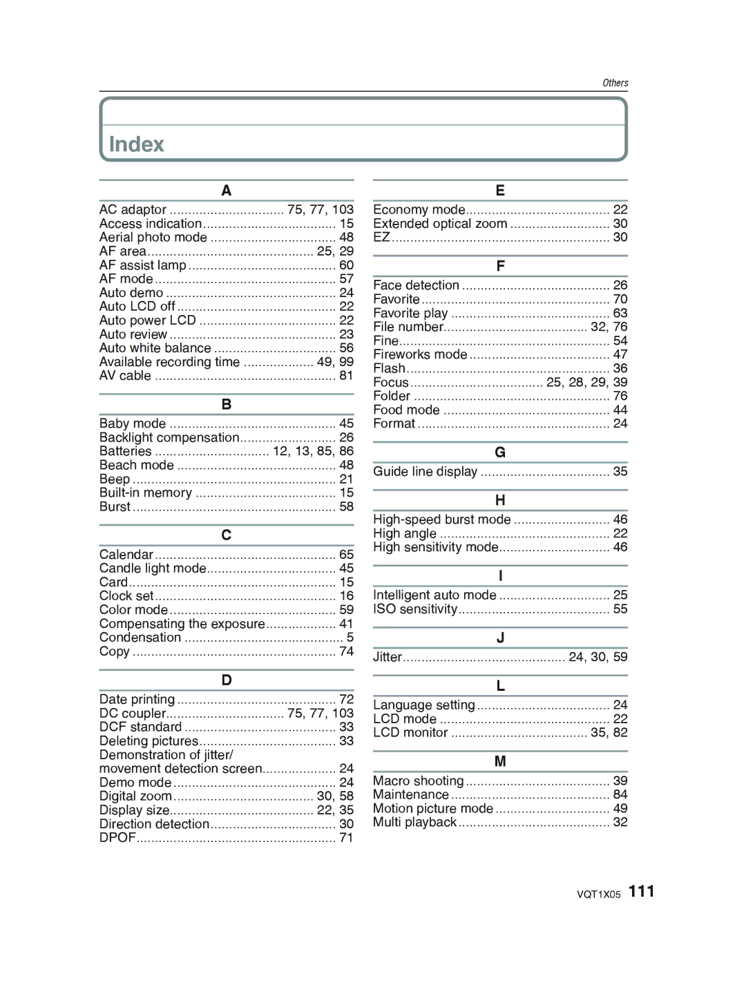 Panasonic DMC-LS85 operating instructions Index, 75, 77 