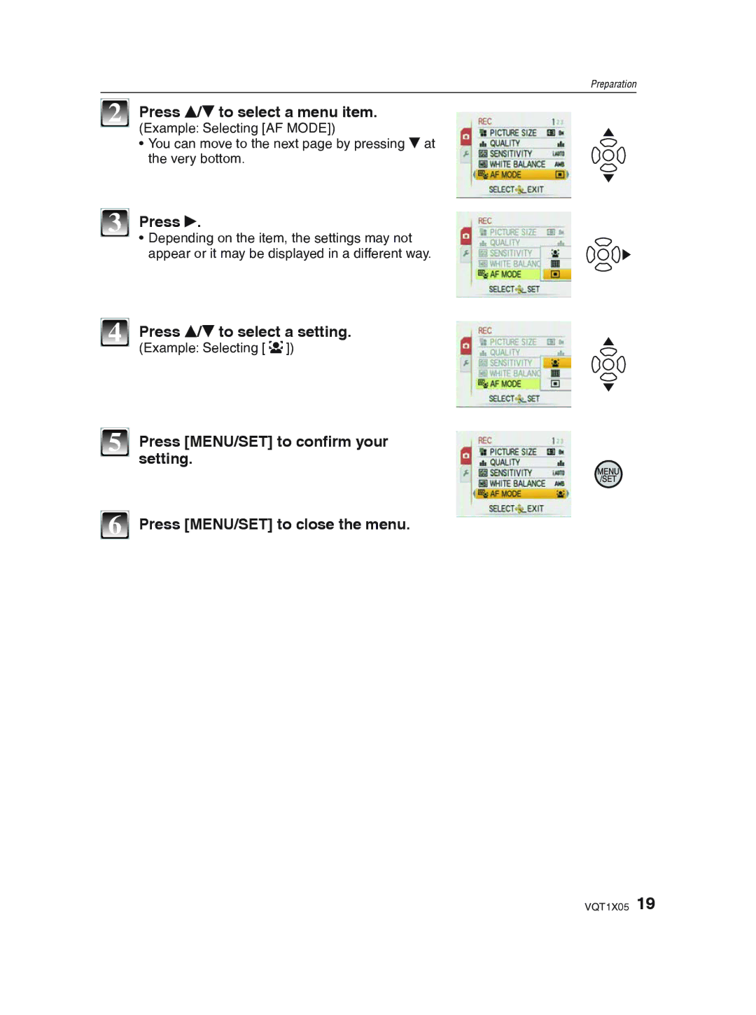 Panasonic DMC-LS85 operating instructions Press e/r to select a menu item, Press q, Press e/r to select a setting 