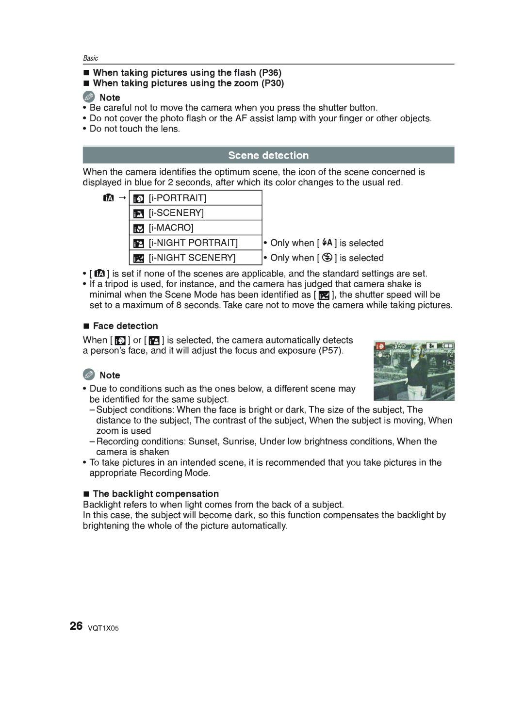 Panasonic DMC-LS85 operating instructions Scene detection, „ Face detection, „ The backlight compensation 