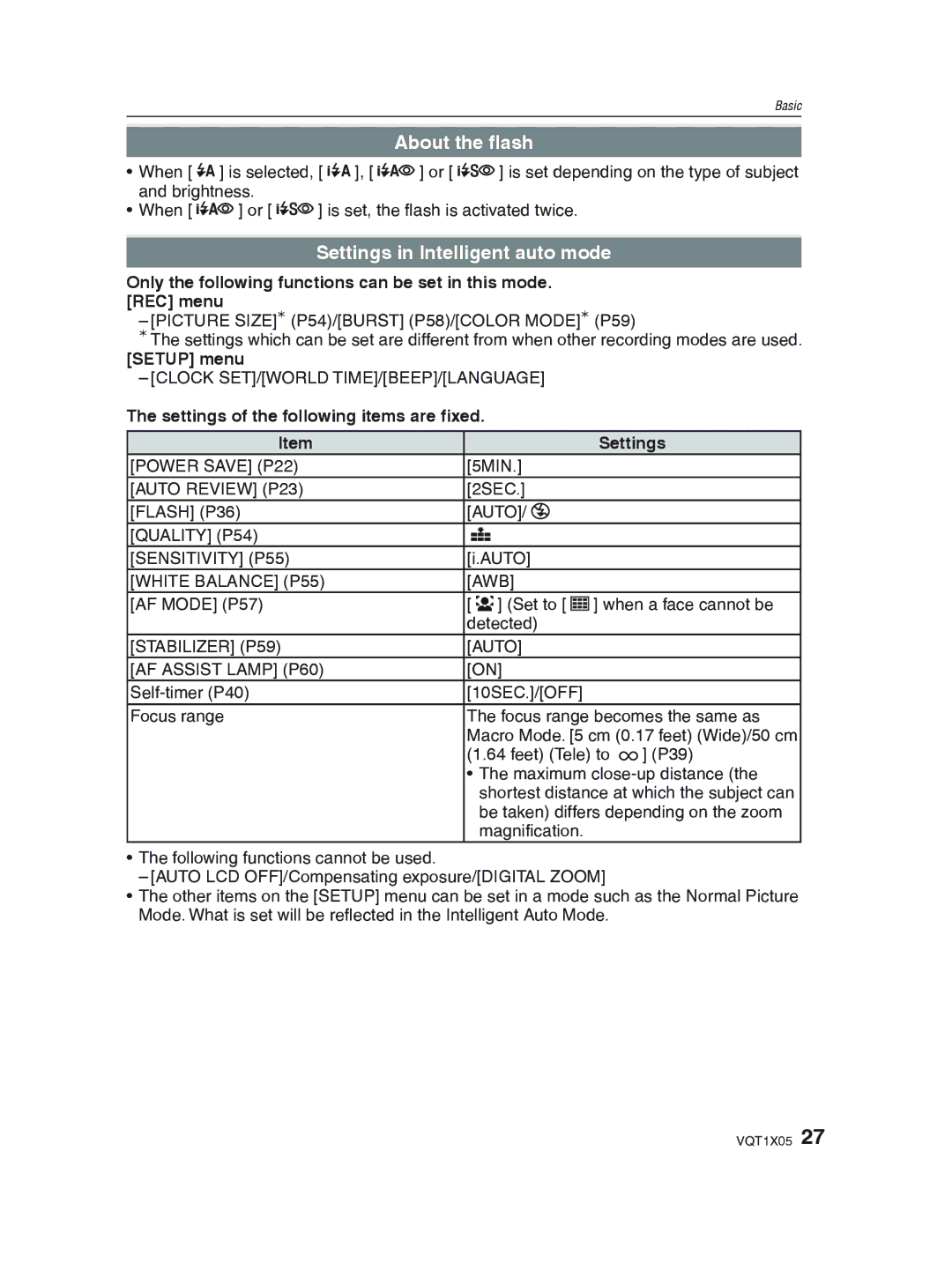 Panasonic DMC-LS85 About the ﬂash, Settings in Intelligent auto mode, Setup menu, Settings of the following items are ﬁxed 