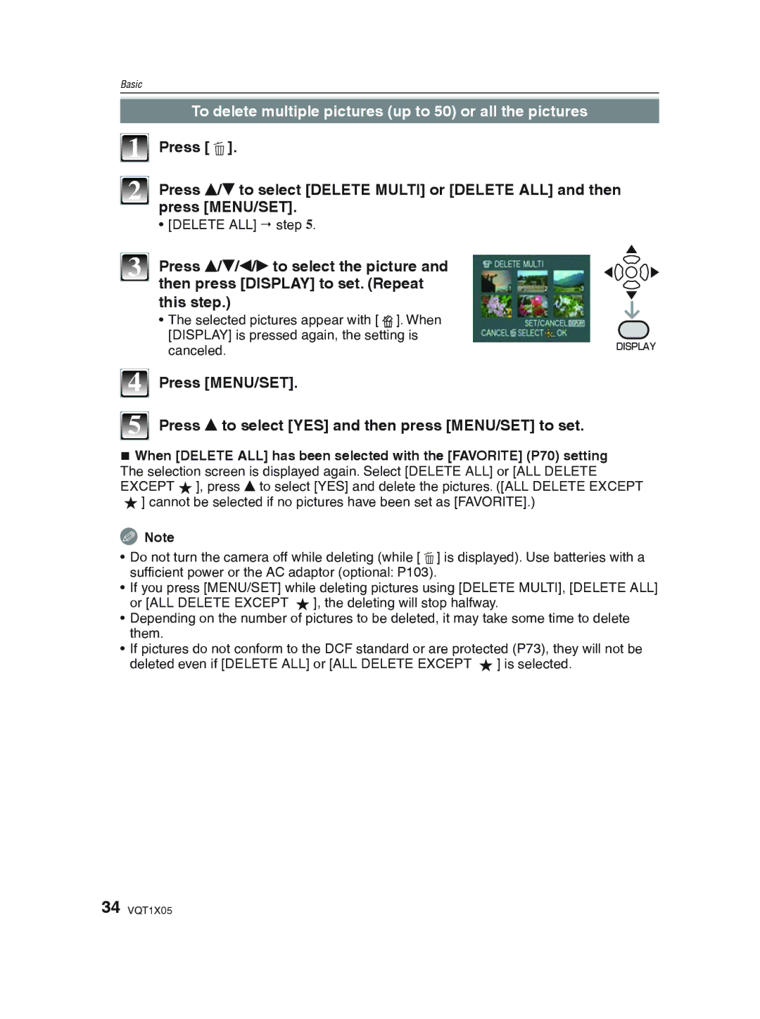 Panasonic DMC-LS85 To delete multiple pictures up to 50 or all the pictures, Press e/r/w/q to select the picture 