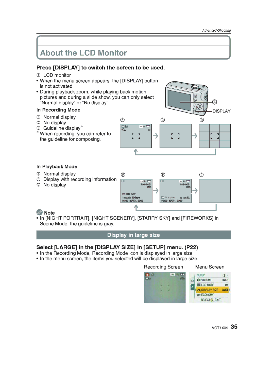 Panasonic DMC-LS85 About the LCD Monitor, Press Display to switch the screen to be used, Display in large size 