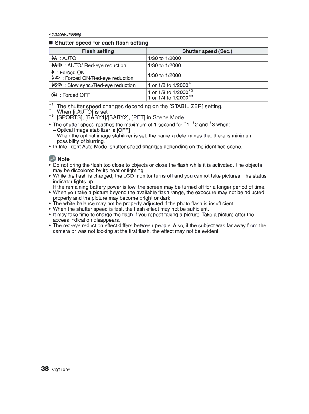 Panasonic DMC-LS85 operating instructions „ Shutter speed for each ﬂash setting, Flash setting Shutter speed Sec 