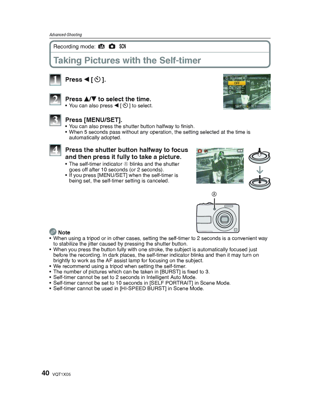 Panasonic DMC-LS85 operating instructions Taking Pictures with the Self-timer, Press w s, Press e/r to select the time 