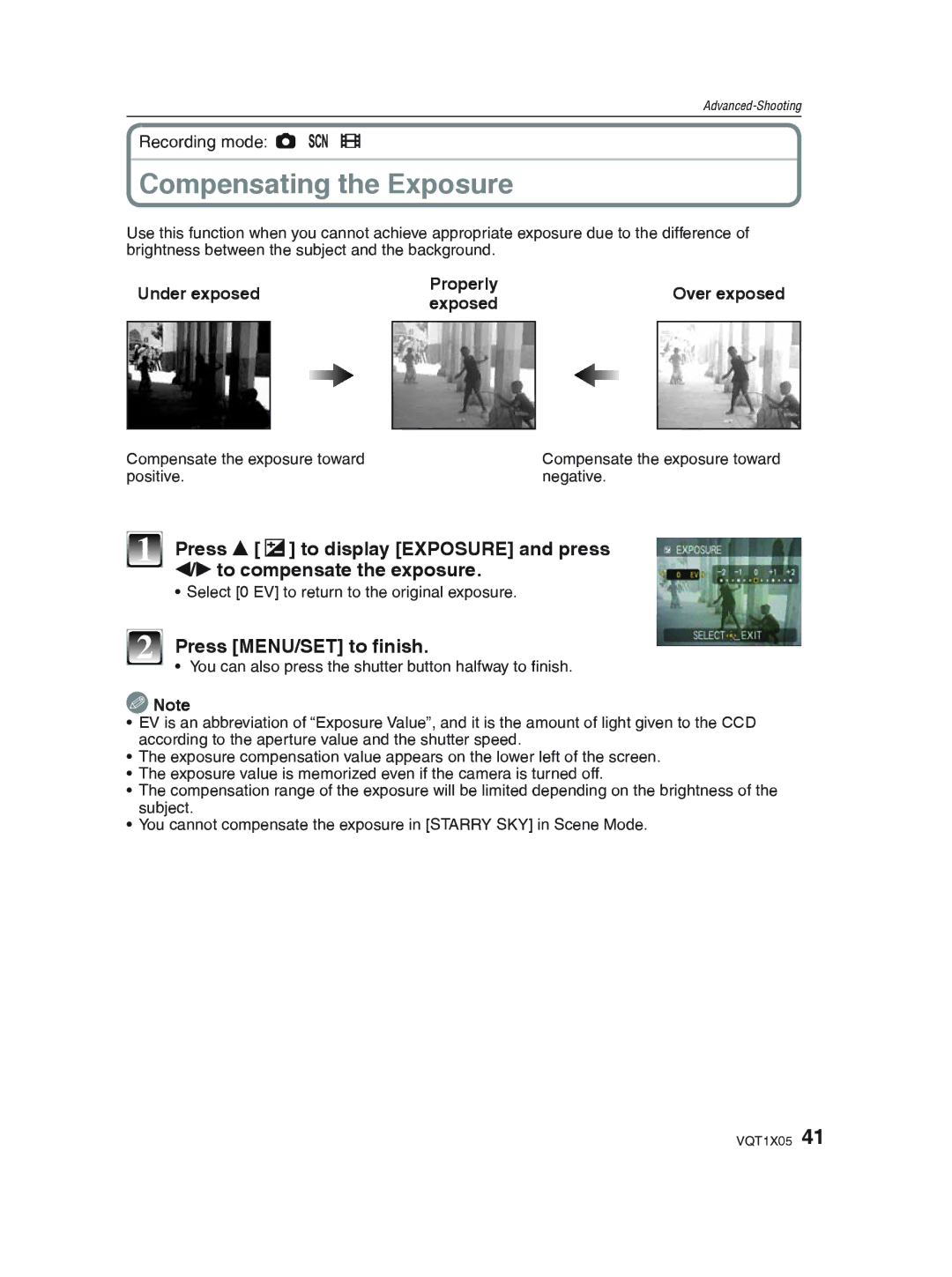 Panasonic DMC-LS85 Compensating the Exposure, Press e d to display Exposure and press, To compensate the exposure 