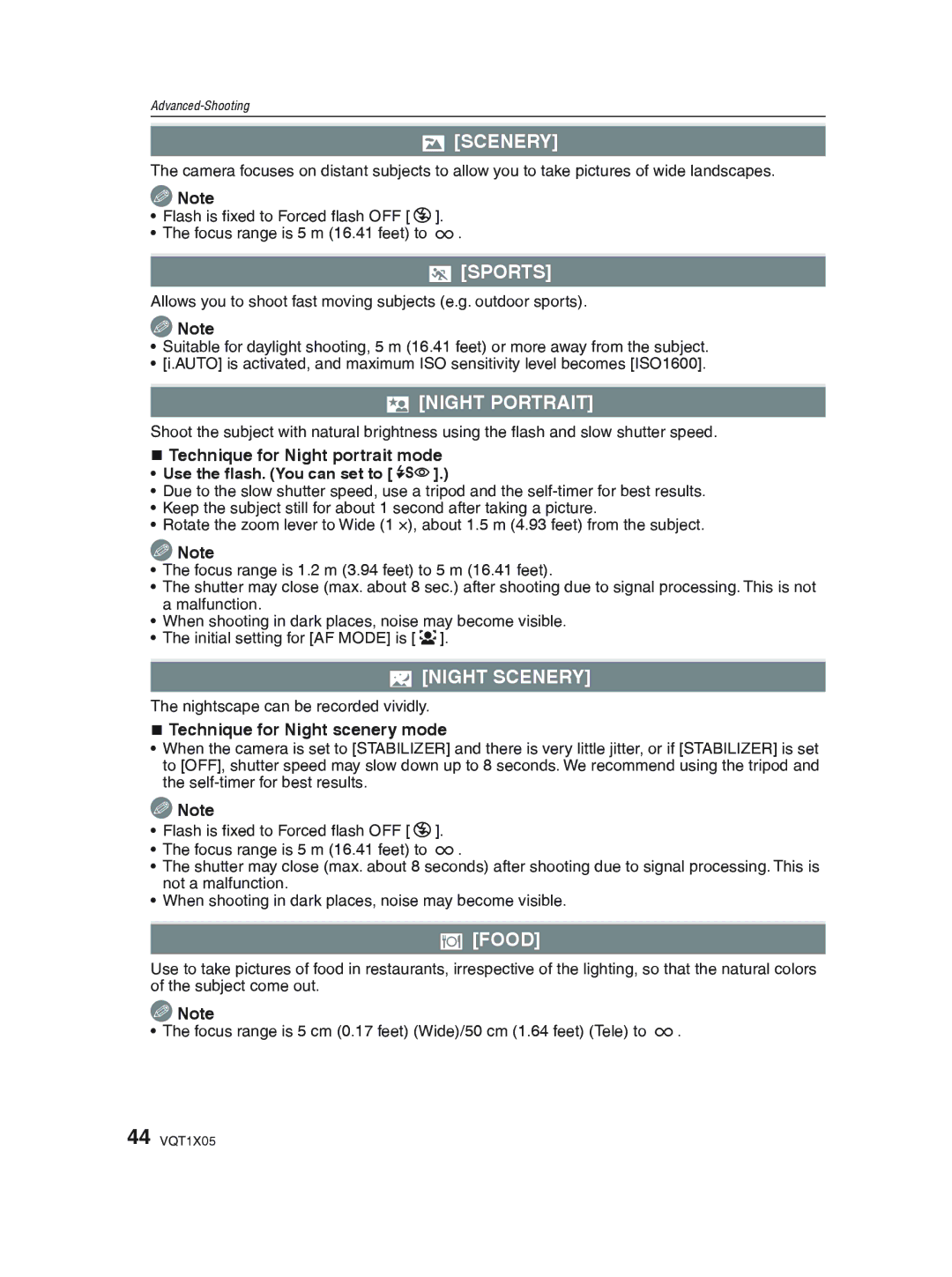 Panasonic DMC-LS85 operating instructions Sports, YNIGHT Portrait, UNIGHT Scenery, Food 