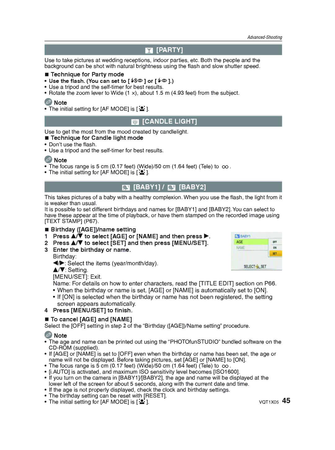 Panasonic DMC-LS85 operating instructions Party, PCANDLE Light, ABABY1 / sBABY2 