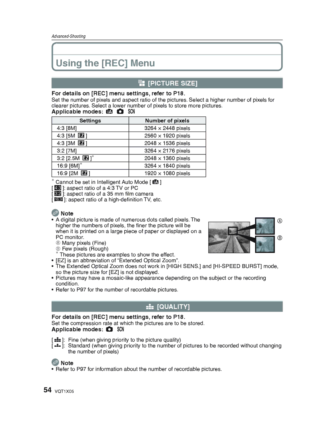 Panasonic DMC-LS85 Using the REC Menu, Picture Size, Quality, For details on REC menu settings, refer to P18 