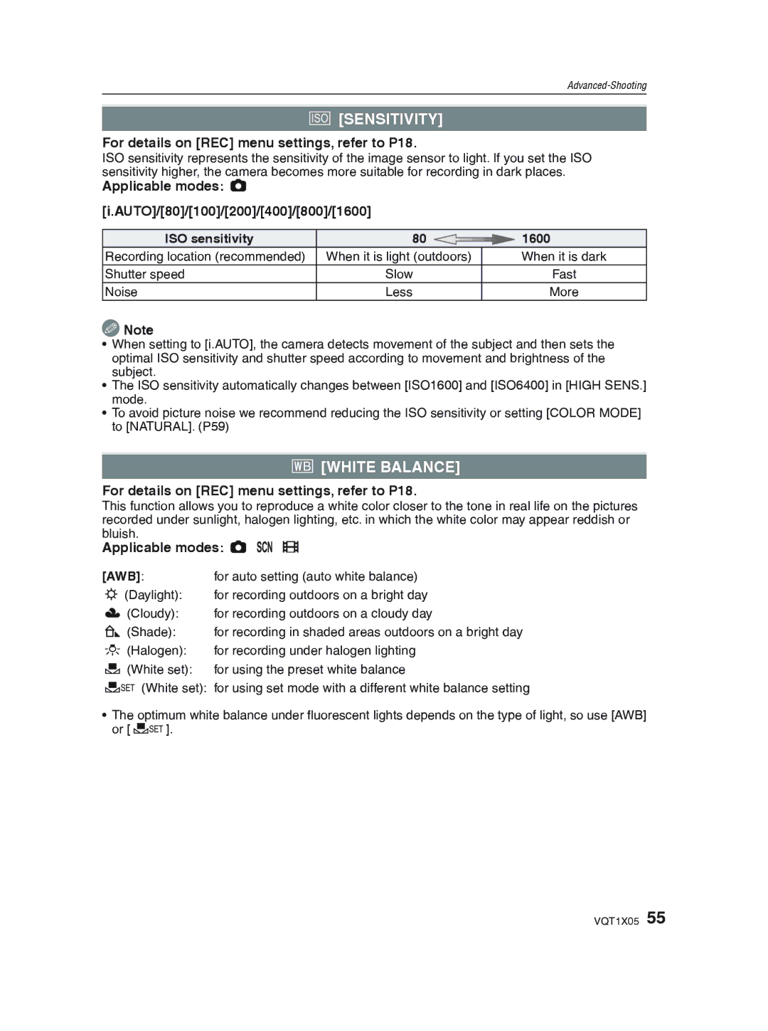 Panasonic DMC-LS85 operating instructions Sensitivity, White Balance, Applicable modes AUTO/80/100/200/400/800/1600 