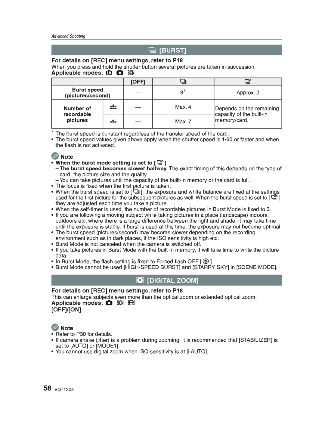 Panasonic DMC-LS85 operating instructions Burst, Applicable modes OFF/ON 