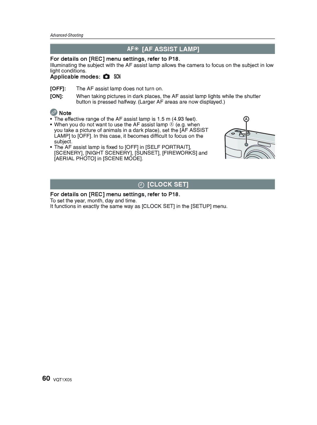 Panasonic DMC-LS85 operating instructions AF Assist Lamp, Nclock Set 