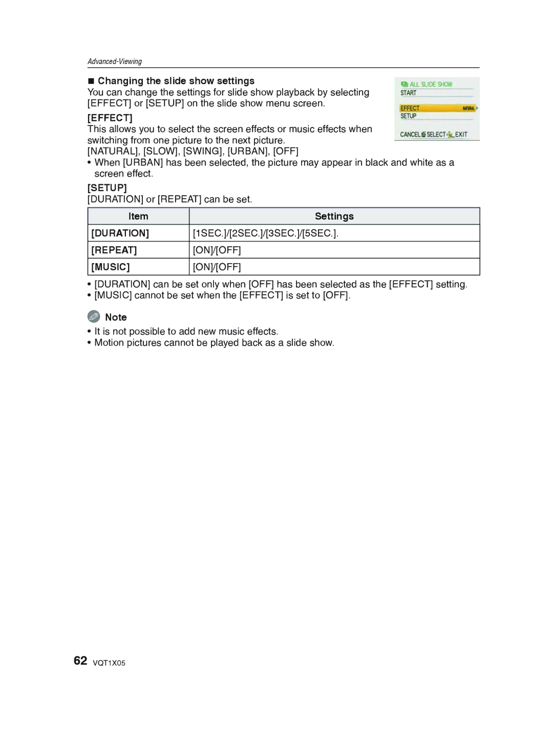 Panasonic DMC-LS85 operating instructions Effect, Setup, Duration, Repeat, Music 