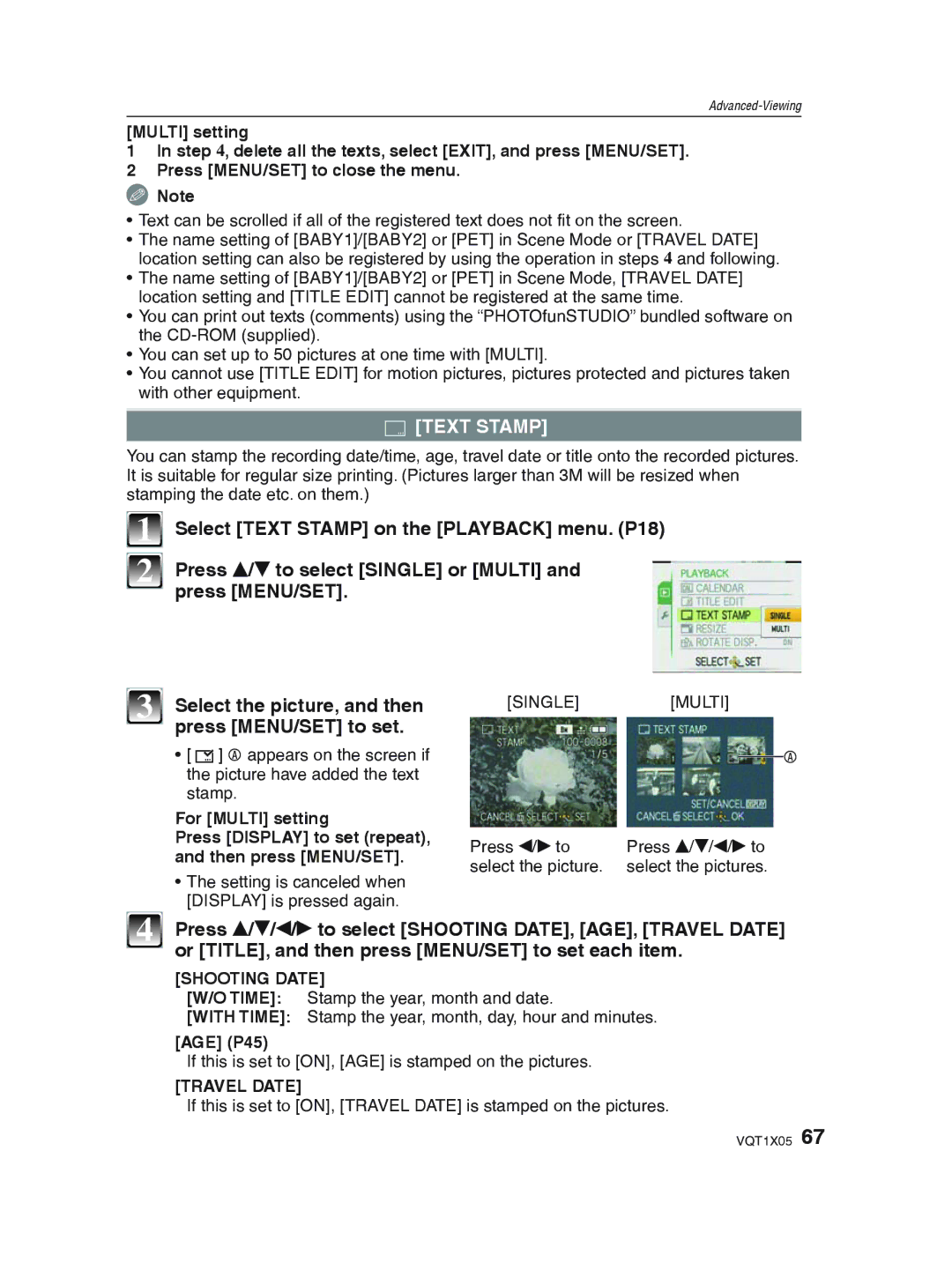 Panasonic DMC-LS85 operating instructions STEXT Stamp, Press e/r/w/q to select Shooting DATE, AGE, Travel Date 