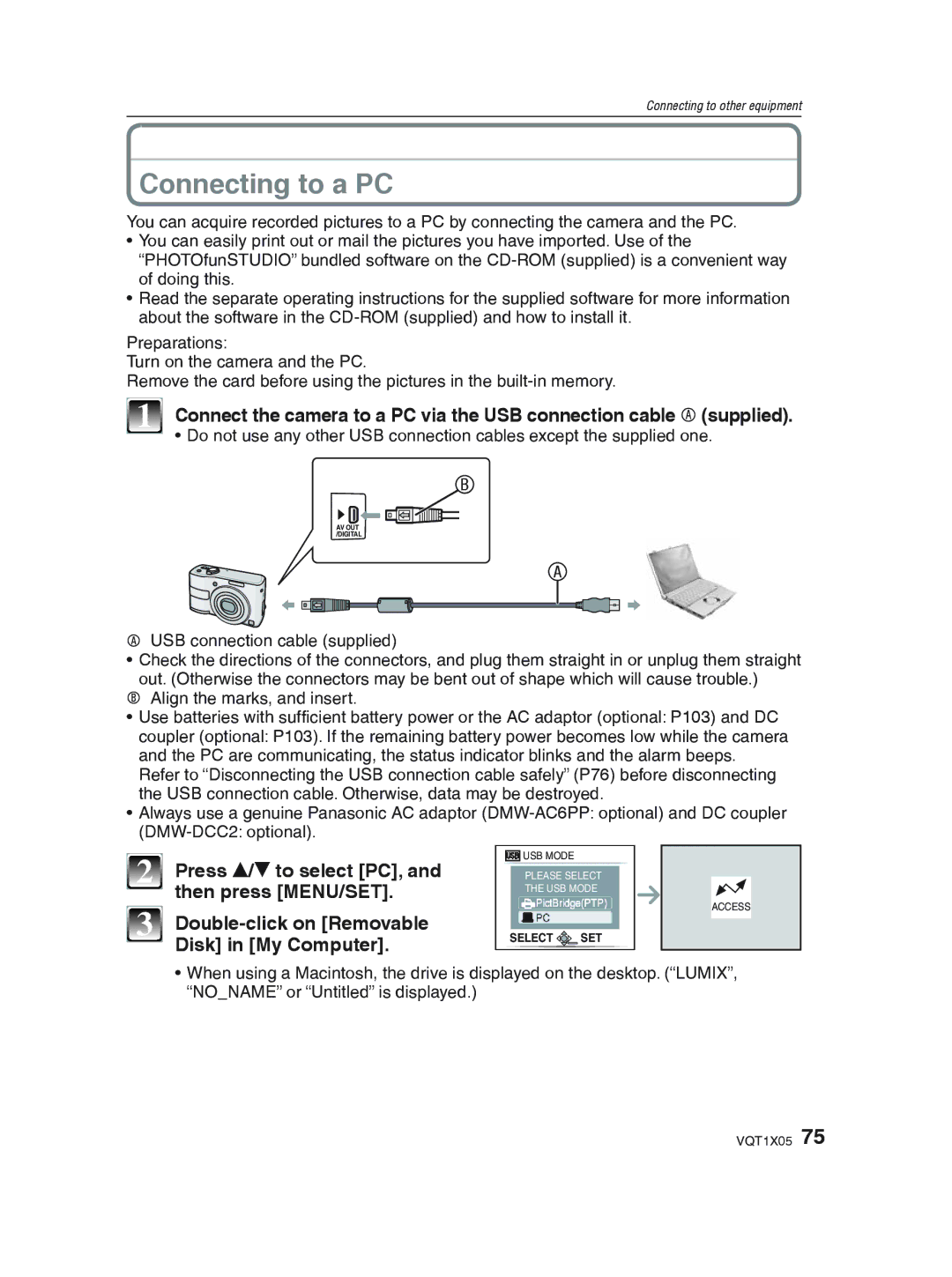 Panasonic DMC-LS85 Connecting to a PC, Press e/r to select PC, Then press MENU/SET, Double-click on Removable 