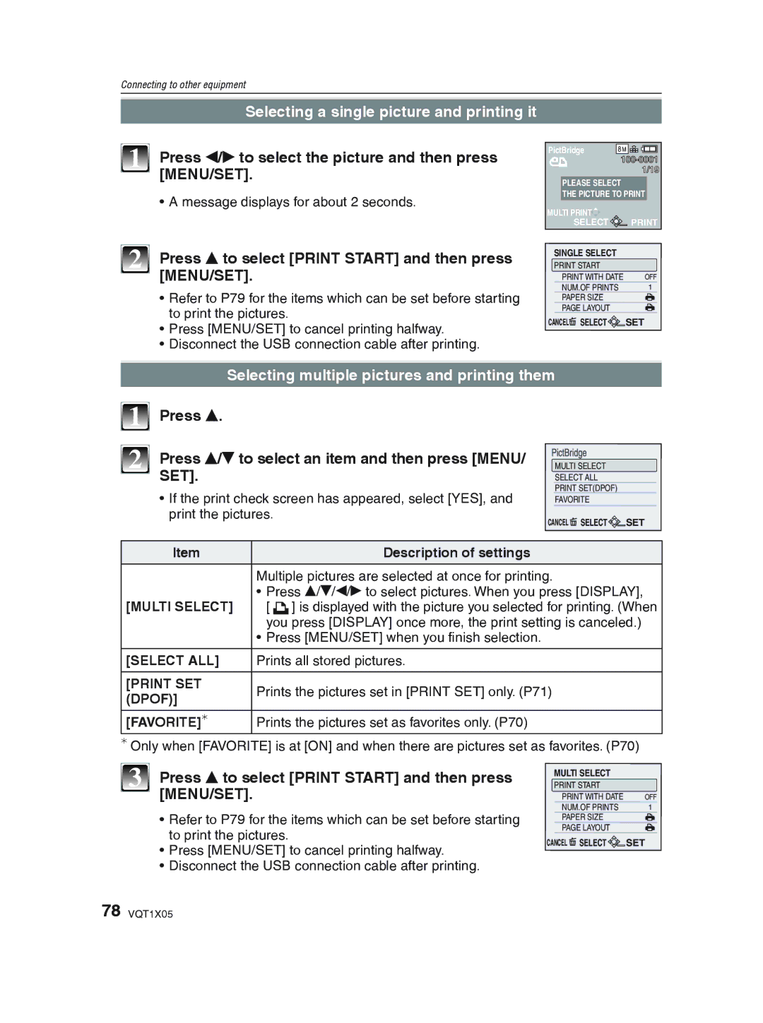 Panasonic DMC-LS85 Selecting a single picture and printing it, Selecting multiple pictures and printing them 