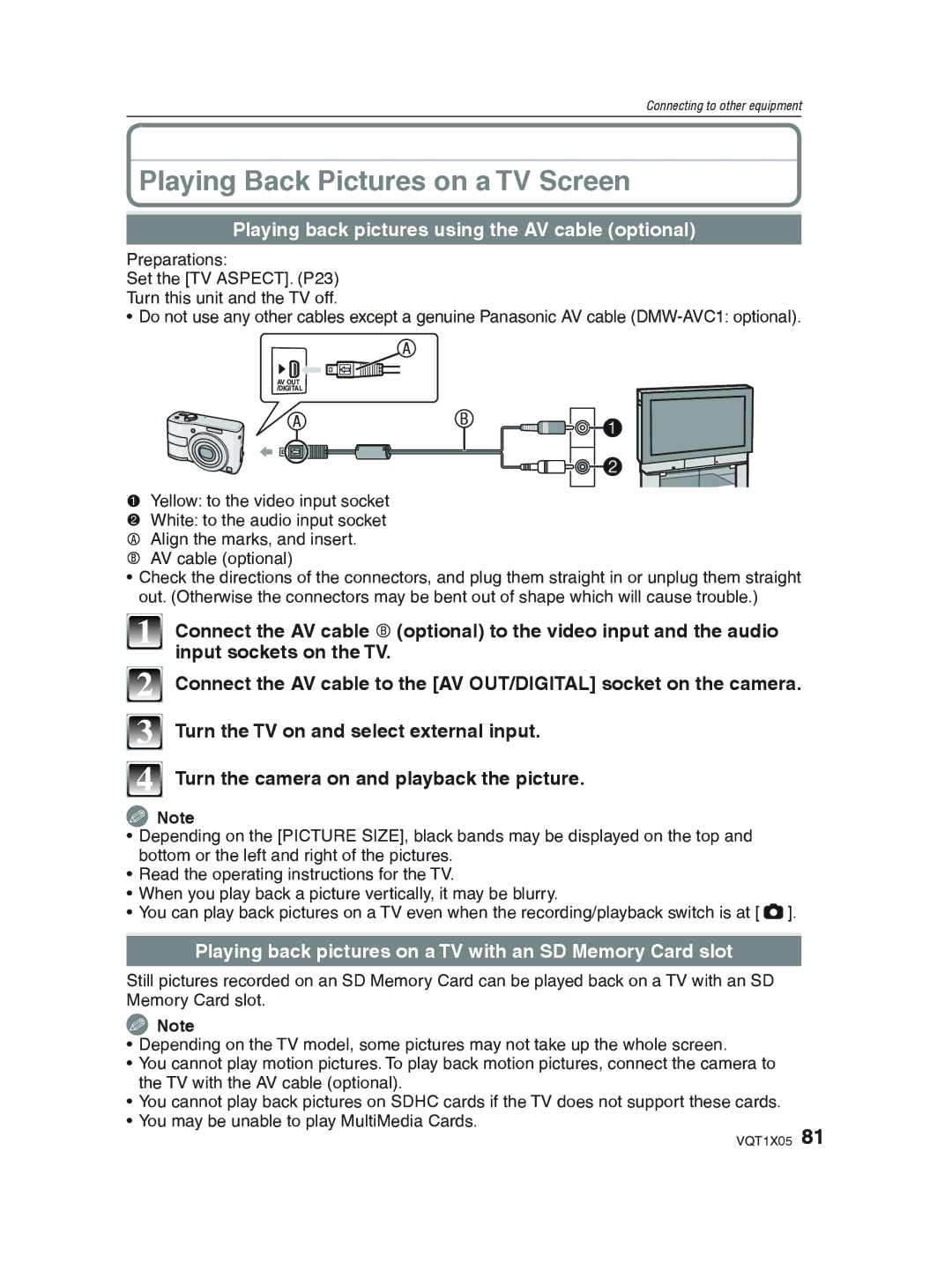 Panasonic DMC-LS85 Playing Back Pictures on a TV Screen, Playing back pictures using the AV cable optional 