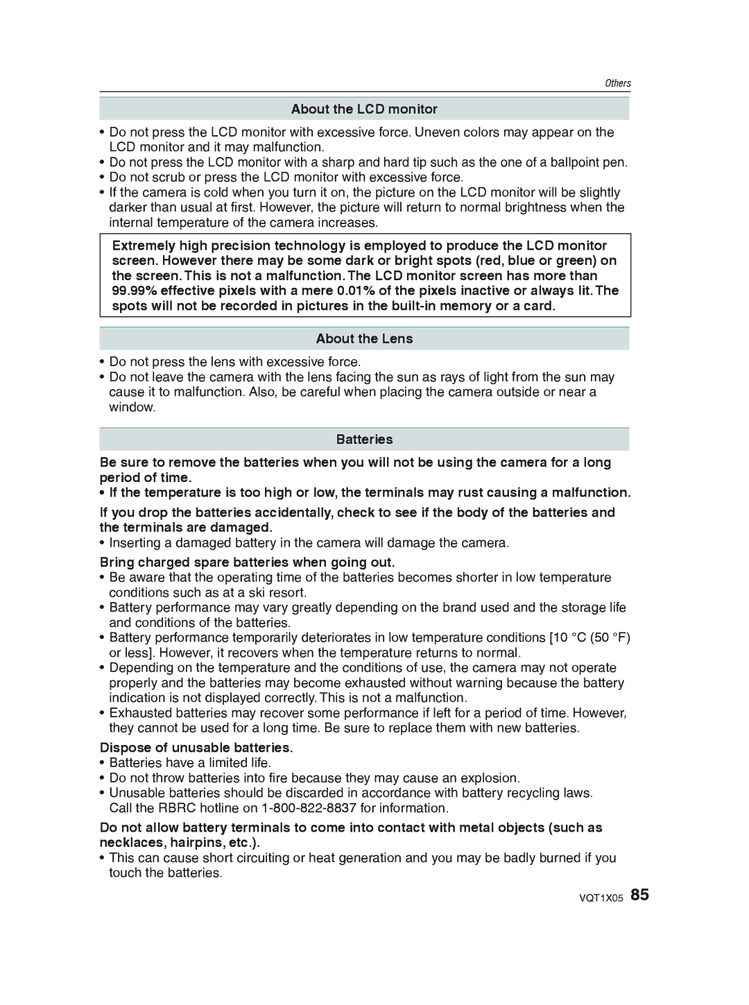 Panasonic DMC-LS85 About the LCD monitor, About the Lens, Bring charged spare batteries when going out 