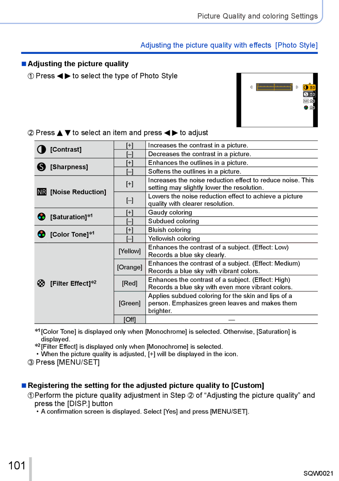 Panasonic DMC-LX100 owner manual 101, Adjusting the picture quality 