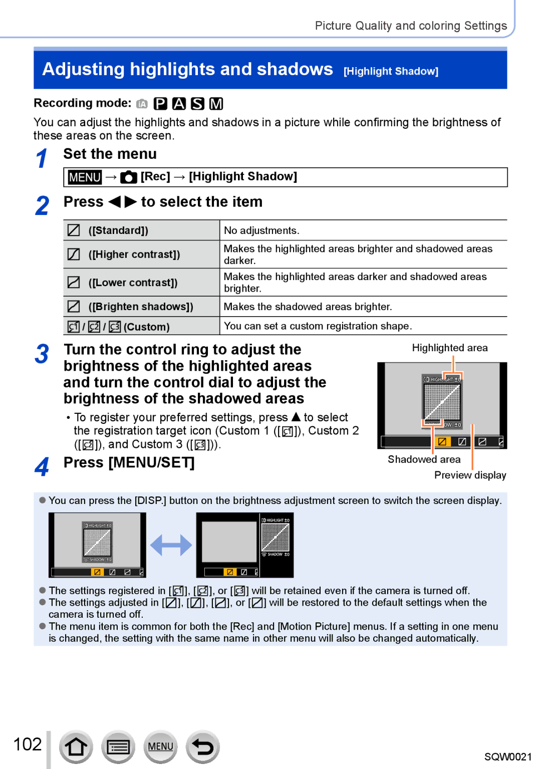 Panasonic DMC-LX100 Adjusting highlights and shadows Highlight Shadow, 102, Set the menu, Press to select the item 