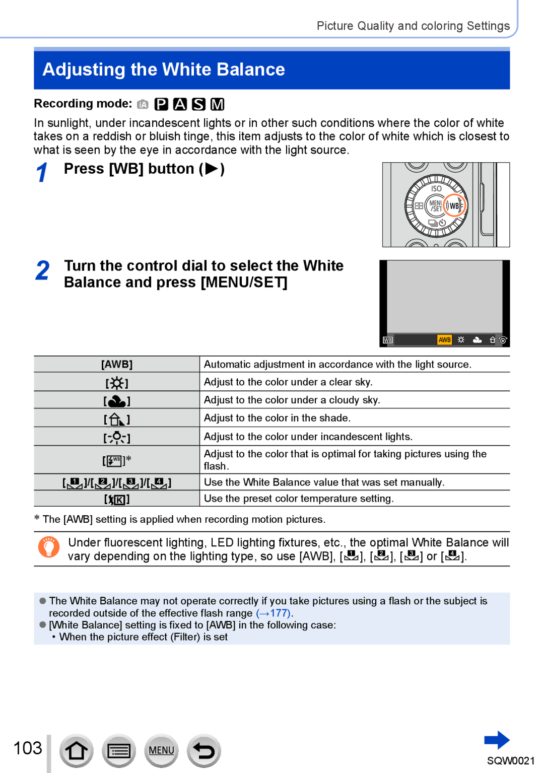 Panasonic DMC-LX100 owner manual Adjusting the White Balance, 103, Awb 