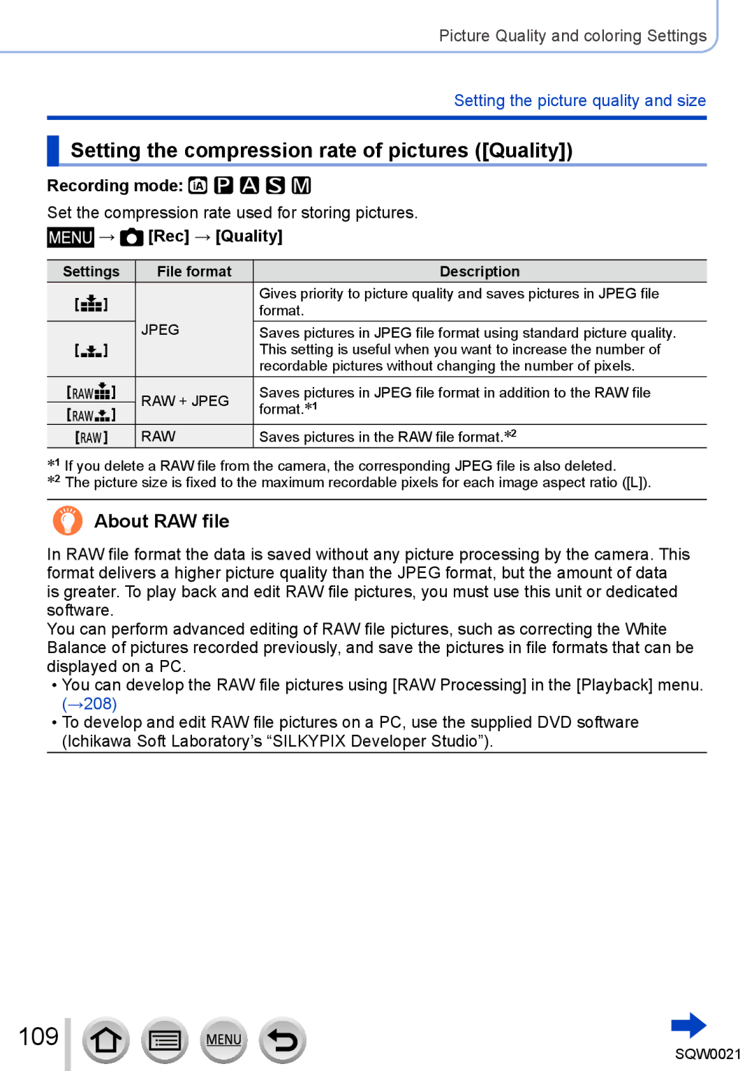 Panasonic DMC-LX100 owner manual 109, Setting the compression rate of pictures Quality, About RAW file, → Rec → Quality 