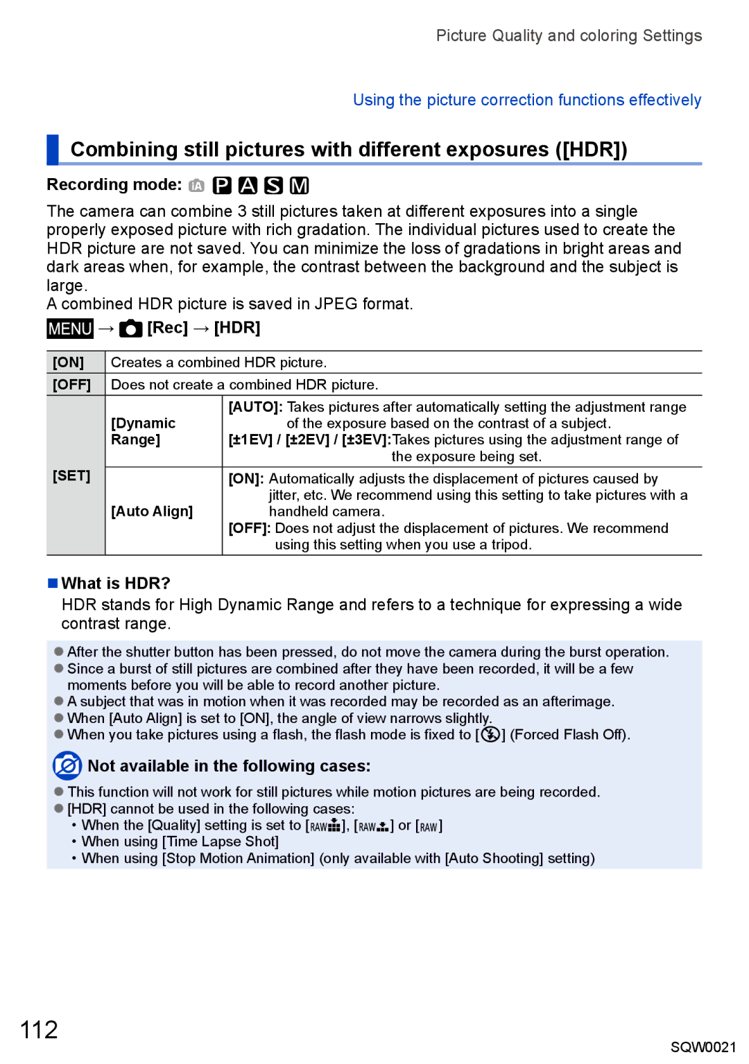 Panasonic DMC-LX100 owner manual 112, Combining still pictures with different exposures HDR, → Rec → HDR, What is HDR?, Set 