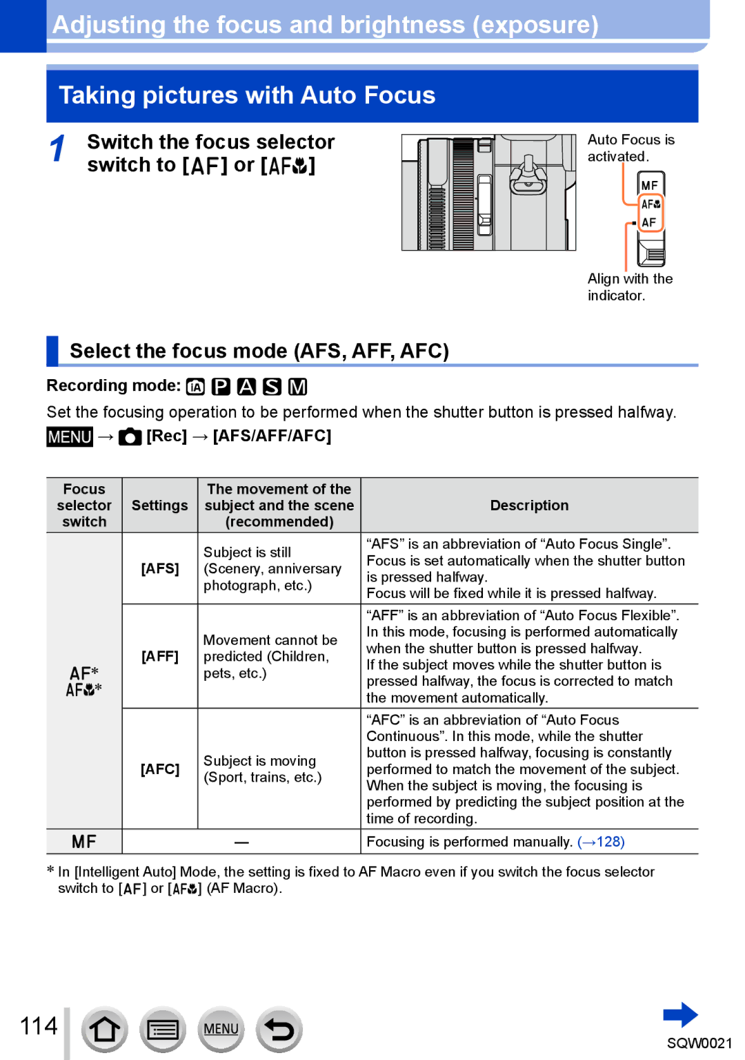 Panasonic DMC-LX100 114, Switch the focus selector, Switch to or, Select the focus mode AFS, AFF, AFC, → Rec → AFS/AFF/AFC 