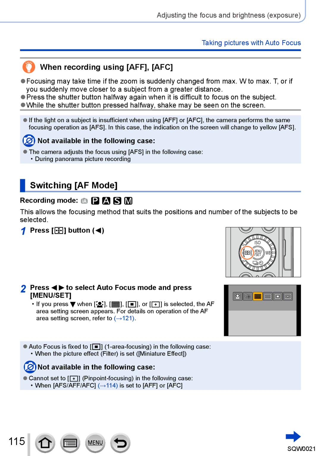 Panasonic DMC-LX100 owner manual 115, Switching AF Mode, When recording using AFF, AFC 