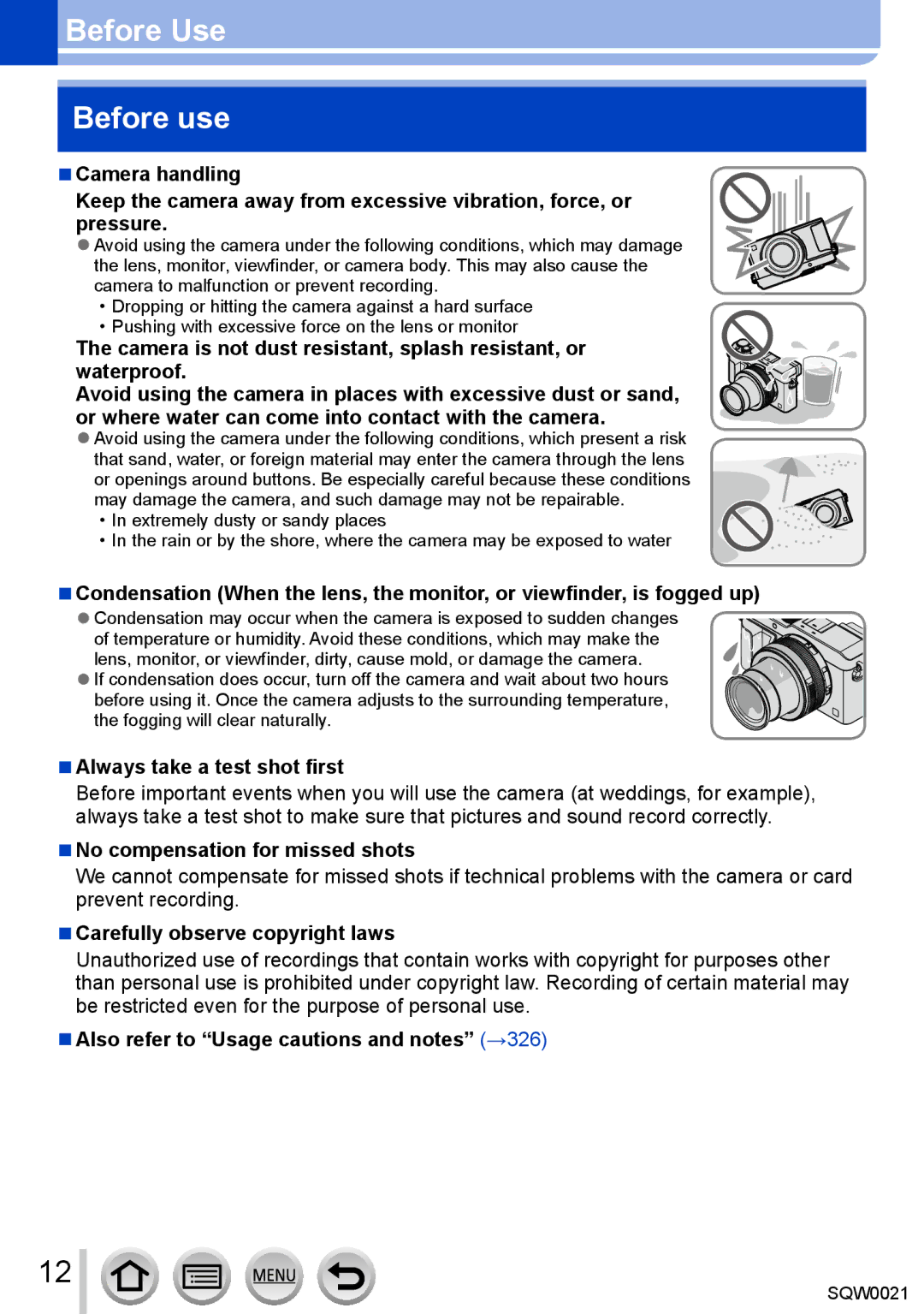 Panasonic DMC-LX100 owner manual Before Use Before use, Always take a test shot first, No compensation for missed shots 