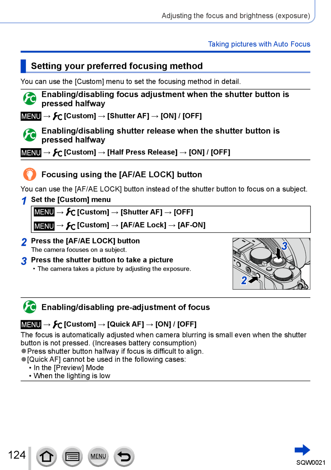 Panasonic DMC-LX100 owner manual 124, Setting your preferred focusing method, Focusing using the AF/AE Lock button 