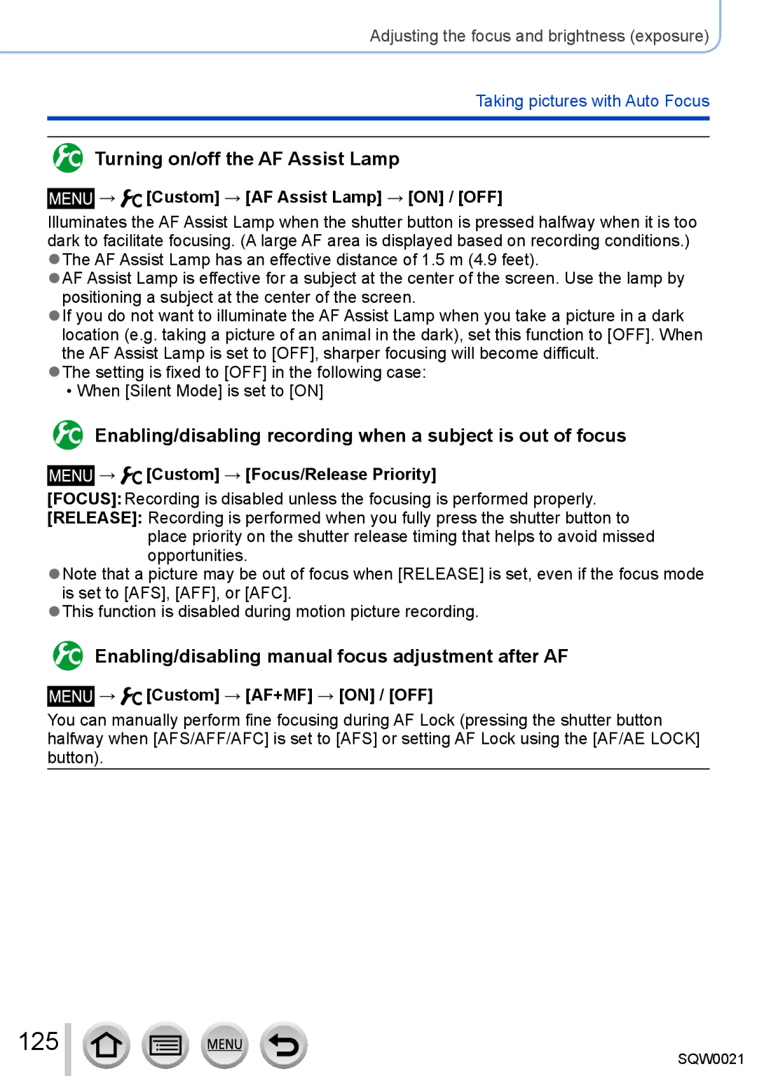 Panasonic DMC-LX100 125, Turning on/off the AF Assist Lamp, Enabling/disabling recording when a subject is out of focus 