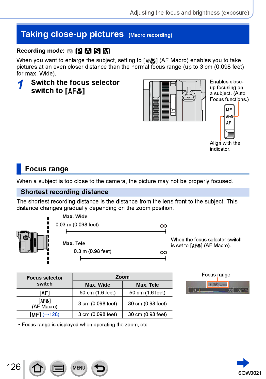 Panasonic DMC-LX100 Taking close-up pictures Macro recording, 126, Switch the focus selector switch to Focus range 